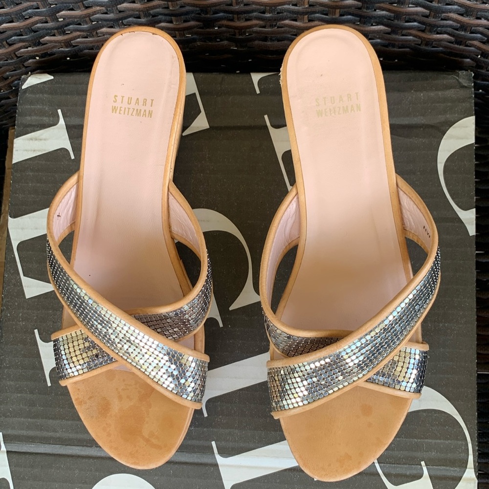 Stuart Weitzman Sequin Cross Over Leather Straps … - image 1